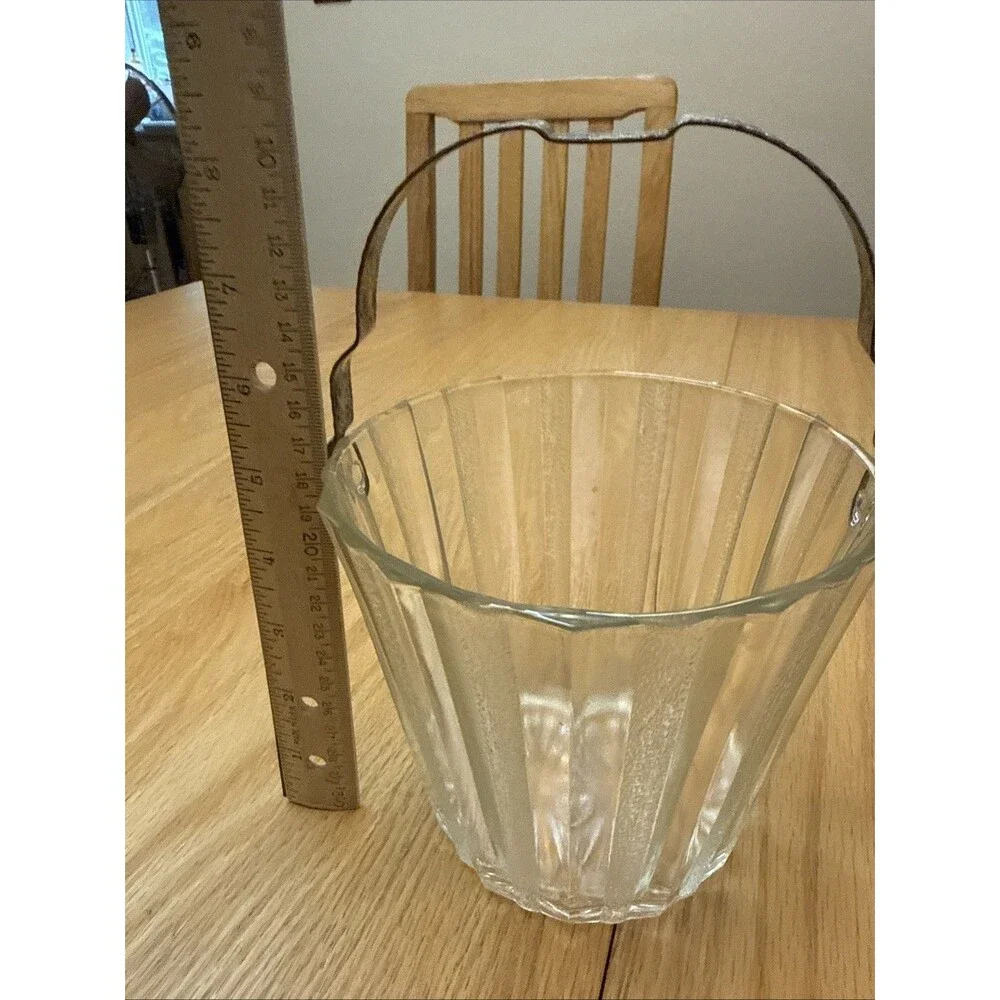 Vintage MCM Crystal Glass Ice Bucket Metal Handle Heller Co. Brooklyn NY Deco